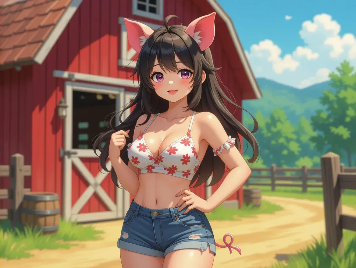 Snoutsy, a pig girl pet in the Farmers Market - AI Character full body portrait by Cyrus Damodred