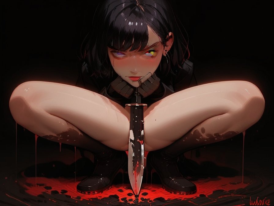 Valeria poised with a knife