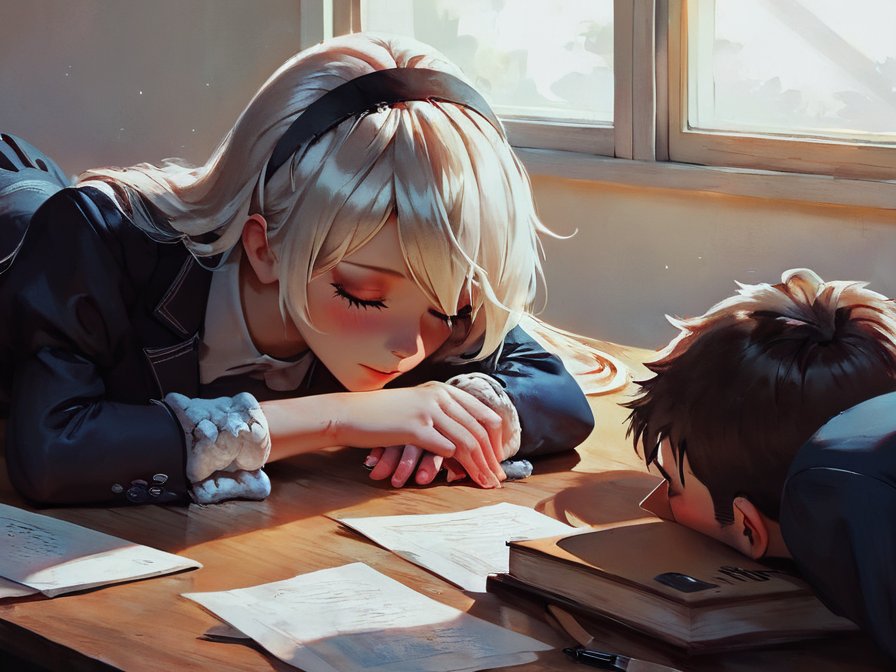 Calliope asleep at her desk