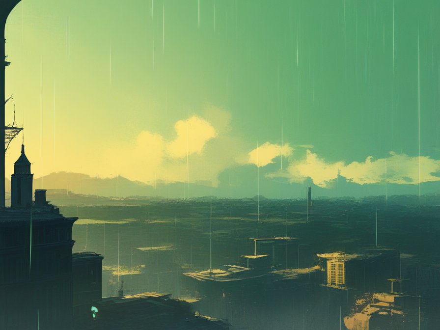 White spires piercing rainclouds