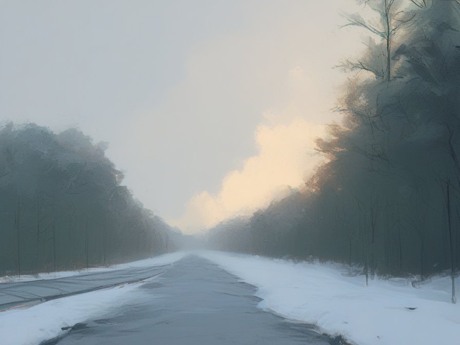 The dead lamppost stands over the frosted path
